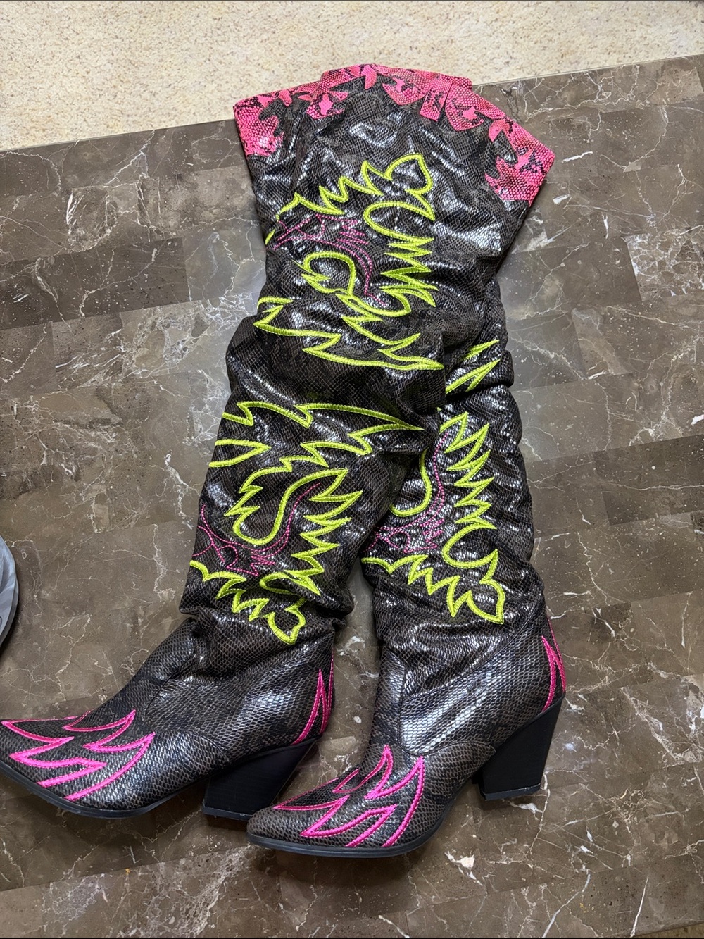 Women’s Black Snake-Print Western Boots with Neon Pink & Yellow Embroidery